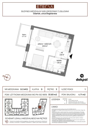 1 pokój, mieszkanie 33,83 m², piętro 3, oferta nr D.3.M12, ETERNA, Gdańsk, Śródmieście, ul. Stępkarska