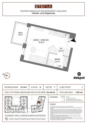 1 pokój, mieszkanie 26,48 m², piętro 1, oferta nr D.1.M11, ETERNA, Gdańsk, Śródmieście, ul. Stępkarska