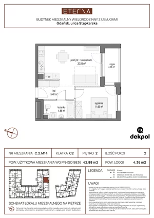 2 pokoje, mieszkanie 42,88 m², piętro 2, oferta nr C.2.M14, ETERNA, Gdańsk, Śródmieście, ul. Stępkarska