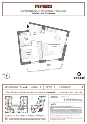 2 pokoje, mieszkanie 43,60 m², piętro 1, oferta nr D.1.M06, ETERNA, Gdańsk, Śródmieście, ul. Stępkarska