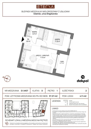 2 pokoje, mieszkanie 37,07 m², piętro 1, oferta nr D.1.M07, ETERNA, Gdańsk, Śródmieście, ul. Stępkarska