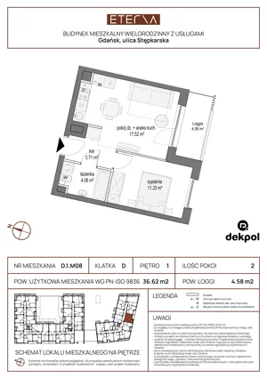 2 pokoje, mieszkanie 36,62 m², piętro 1, oferta nr D.1.M08, ETERNA, Gdańsk, Śródmieście, ul. Stępkarska