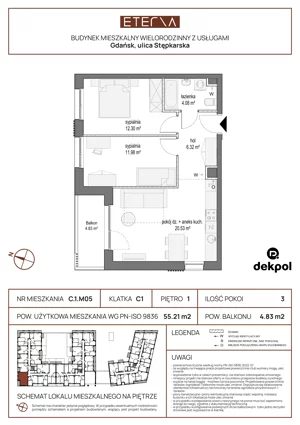 3 pokoje, mieszkanie 55,21 m², piętro 1, oferta nr C.1.M05, ETERNA, Gdańsk, Śródmieście, ul. Stępkarska