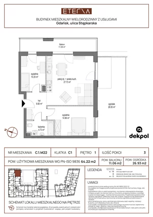 3 pokoje, mieszkanie 64,64 m², piętro 3, oferta nr C.3.M23, ETERNA, Gdańsk, Śródmieście, ul. Stępkarska
