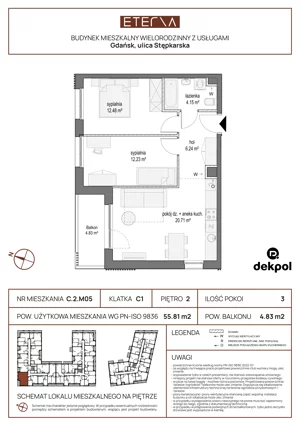 3 pokoje, mieszkanie 55,81 m², piętro 2, oferta nr C.2.M05, ETERNA, Gdańsk, Śródmieście, ul. Stępkarska