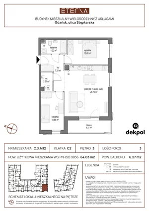 3 pokoje, mieszkanie 64,03 m², piętro 3, oferta nr C.3.M12, ETERNA, Gdańsk, Śródmieście, ul. Stępkarska