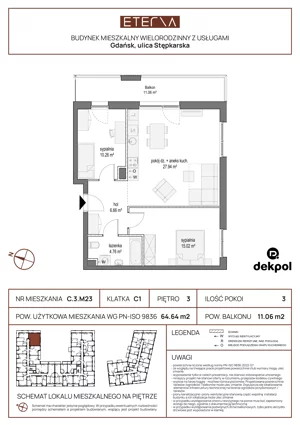 3 pokoje, mieszkanie 64,64 m², piętro 3, oferta nr C.3.M23, ETERNA, Gdańsk, Śródmieście, ul. Stępkarska