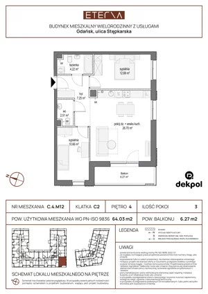 3 pokoje, mieszkanie 64,03 m², piętro 4, oferta nr C.4.M12, ETERNA, Gdańsk, Śródmieście, ul. Stępkarska