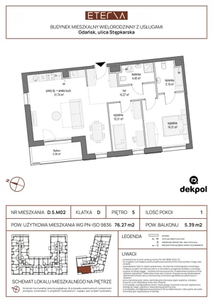 3 pokoje, mieszkanie 76,27 m², piętro 5, oferta nr D.5.M02, ETERNA, Gdańsk, Śródmieście, ul. Stępkarska