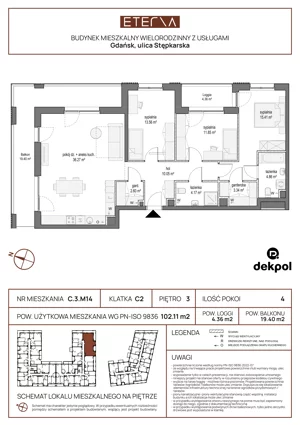 4 pokoje, mieszkanie 102,11 m², piętro 3, oferta nr C.3.M14, ETERNA, Gdańsk, Śródmieście, ul. Stępkarska