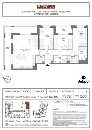 4 pokoje, mieszkanie 102,12 m², piętro 4, oferta nr C.4.M14, ETERNA, Gdańsk, Śródmieście, ul. Stępkarska
