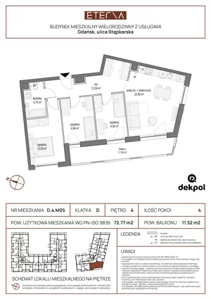 4 pokoje, mieszkanie 72,77 m², piętro 4, oferta nr D.4.M05, ETERNA, Gdańsk, Śródmieście, ul. Stępkarska