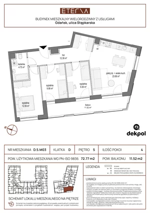 4 pokoje, mieszkanie 72,77 m², piętro 5, oferta nr D.5.M03, ETERNA, Gdańsk, Śródmieście, ul. Stępkarska