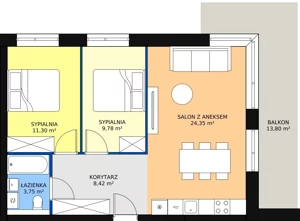 3 pokoje, mieszkanie 57,60 m², piętro 1, oferta nr B.1.01 (B9) wykończone pod klucz , Sand Dunes, Dziwnów, ul. Adama Mickiewicza 47