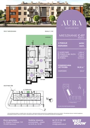 2 pokoje, mieszkanie 39,23 m², piętro 2, oferta nr C-23, AURA WARSZEWO ETAP 2, Szczecin, Północ, Warszewo, ul. Kalinowa