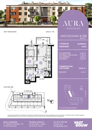 2 pokoje, mieszkanie 39,23 m², piętro 2, oferta nr C-23, AURA WARSZEWO ETAP 2, Szczecin, Północ, Warszewo, ul. Kalinowa