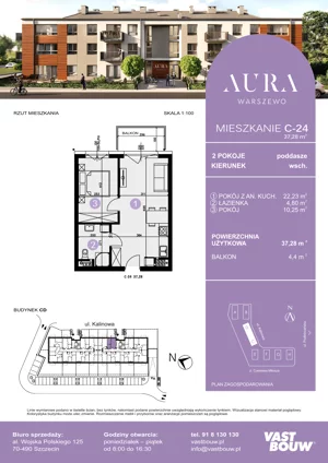 2 pokoje, mieszkanie 37,28 m², piętro 2, oferta nr C-24, AURA WARSZEWO ETAP 2, Szczecin, Północ, Warszewo, ul. Kalinowa