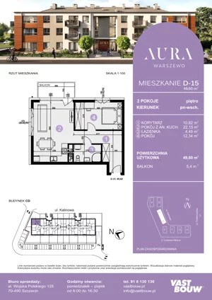 2 pokoje, mieszkanie 49,60 m², piętro 1, oferta nr D-15, AURA WARSZEWO ETAP 2, Szczecin, Północ, Warszewo, ul. Kalinowa