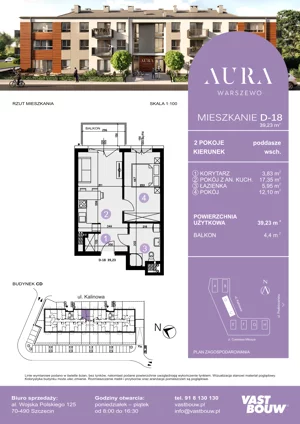 2 pokoje, mieszkanie 39,23 m², piętro 2, oferta nr D-18, AURA WARSZEWO ETAP 2, Szczecin, Północ, Warszewo, ul. Kalinowa