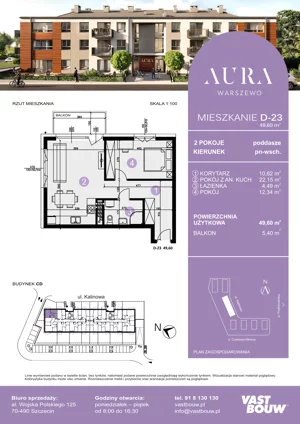 2 pokoje, mieszkanie 49,60 m², piętro 2, oferta nr D-23, AURA WARSZEWO ETAP 2, Szczecin, Północ, Warszewo, ul. Kalinowa