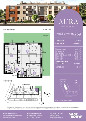 3 pokoje, mieszkanie 61,64 m², piętro 2, oferta nr C-18, AURA WARSZEWO ETAP 2, Szczecin, Północ, Warszewo, ul. Kalinowa