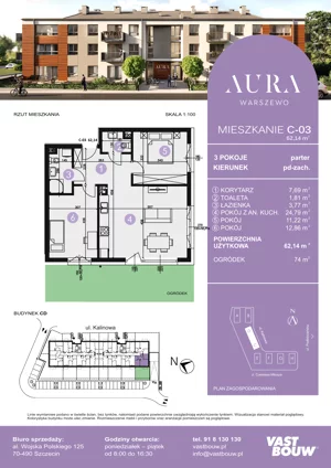 3 pokoje, mieszkanie 61,64 m², piętro 2, oferta nr C-18, AURA WARSZEWO ETAP 2, Szczecin, Północ, Warszewo, ul. Kalinowa