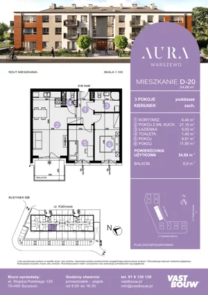 3 pokoje, mieszkanie 54,68 m², piętro 2, oferta nr D-20, AURA WARSZEWO ETAP 2, Szczecin, Północ, Warszewo, ul. Kalinowa