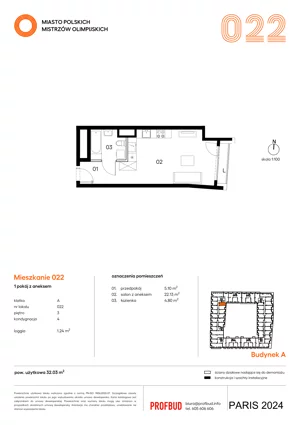 1 pokój, mieszkanie 32,03 m², piętro 3, oferta nr 022, Miasto Polskich Mistrzów Olimpijskich II - Paryż, Mysiadło, ul. Olimpijska
