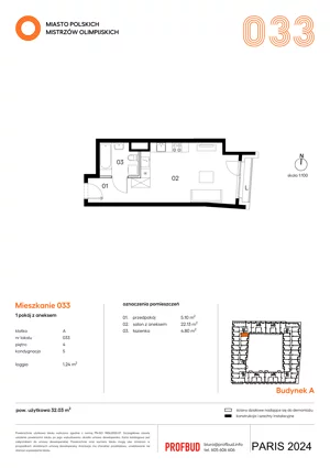 1 pokój, mieszkanie 32,03 m², piętro 4, oferta nr 033, Miasto Polskich Mistrzów Olimpijskich II - Paryż, Mysiadło, ul. Olimpijska