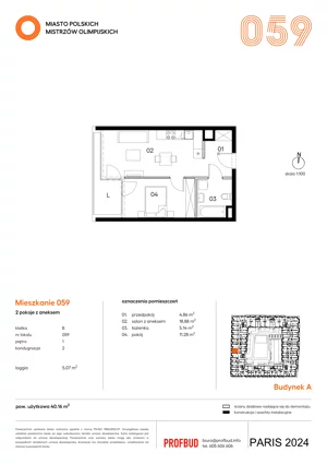 2 pokoje, mieszkanie 40,16 m², piętro 1, oferta nr 059, Miasto Polskich Mistrzów Olimpijskich II - Paryż, Mysiadło, ul. Olimpijska