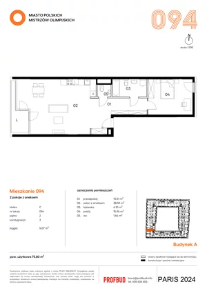 2 pokoje, mieszkanie 75,80 m², piętro 2, oferta nr 094, Miasto Polskich Mistrzów Olimpijskich II - Paryż, Mysiadło, ul. Olimpijska