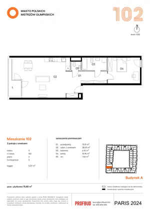 2 pokoje, mieszkanie 75,80 m², piętro 4, oferta nr 102, Miasto Polskich Mistrzów Olimpijskich II - Paryż, Mysiadło, ul. Olimpijska