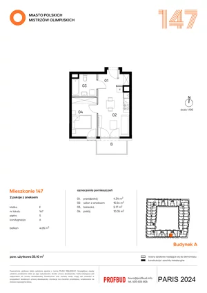 2 pokoje, mieszkanie 35,10 m², piętro 5, oferta nr 147, Miasto Polskich Mistrzów Olimpijskich II - Paryż, Mysiadło, ul. Olimpijska