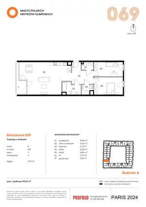 3 pokoje, mieszkanie 90,67 m², piętro 3, oferta nr 069, Miasto Polskich Mistrzów Olimpijskich II - Paryż, Mysiadło, ul. Olimpijska