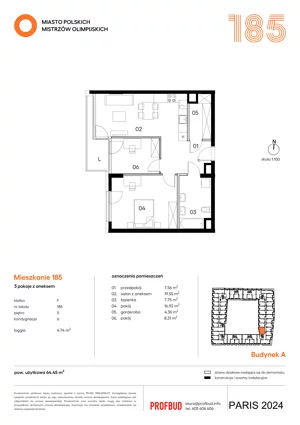 3 pokoje, mieszkanie 64,45 m², piętro 5, oferta nr 185, Miasto Polskich Mistrzów Olimpijskich II - Paryż, Mysiadło, ul. Olimpijska