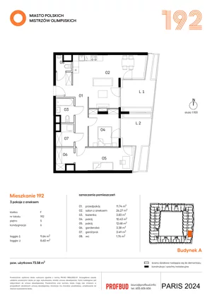 3 pokoje, mieszkanie 73,58 m², piętro 5, oferta nr 192, Miasto Polskich Mistrzów Olimpijskich II - Paryż, Mysiadło, ul. Olimpijska