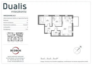 3 pokoje, mieszkanie 55,23 m², piętro 1, oferta nr A12, Dualis, Gdańsk, Orunia Górna-Gdańsk Południe, ul. Zygmunta Chychły