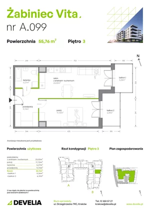 2 pokoje, mieszkanie 55,76 m², piętro 3, oferta nr A.099, Żabiniec Vita, Kraków, Krowodrza, ul. Żabiniec 56