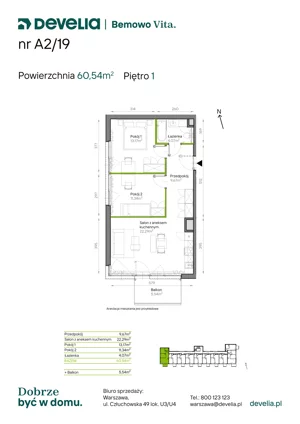 3 pokoje, mieszkanie 60,54 m², piętro 1, oferta nr A2/19, Bemowo Vita etap IV, Warszawa, Bemowo, Chrzanów, ul. Szeligowska 57	
