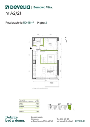 3 pokoje, mieszkanie 50,48 m², piętro 2, oferta nr A2/21, Bemowo Vita etap IV, Warszawa, Bemowo, Chrzanów, ul. Szeligowska 57	