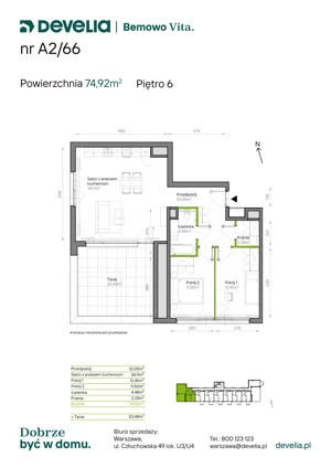 3 pokoje, mieszkanie 74,92 m², piętro 6, oferta nr A2/66, Bemowo Vita etap IV, Warszawa, Bemowo, Chrzanów, ul. Szeligowska 57	