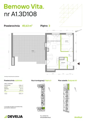 2 pokoje, mieszkanie 45,63 m², piętro 3, oferta nr A1.3D108, Bemowo Vita etap III, Warszawa, Bemowo, Chrzanów, Szeligowska 57	
