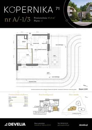 2 pokoje, apartament 43,40 m², przyziemie, oferta nr A/-1/3, Kopernika 71, Gdynia, Redłowo, ul. Mikołaja Kopernika