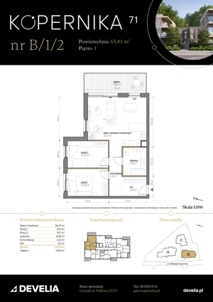 3 pokoje, apartament 65,41 m², piętro 1, oferta nr B/1/2, Kopernika 71, Gdynia, Redłowo, ul. Mikołaja Kopernika