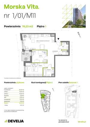 3 pokoje, mieszkanie 70,23 m², piętro 1, oferta nr 1.01.M11, Morska Vita, Gdynia, Leszczynki, Leszczynki, ul. Działdowska 3A
