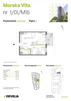 2 pokoje, mieszkanie 47,11 m², piętro 1, oferta nr 1.01.M15, Morska Vita, Gdynia, Leszczynki, Leszczynki, ul. Działdowska 3A