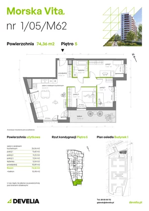 4 pokoje, mieszkanie 74,36 m², piętro 5, oferta nr 1.05.M62, Morska Vita, Gdynia, Leszczynki, Leszczynki, ul. Działdowska 3A