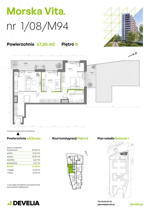 3 pokoje, mieszkanie 67,50 m², piętro 8, oferta nr 1.08.M94, Morska Vita, Gdynia, Leszczynki, Leszczynki, ul. Działdowska 3A