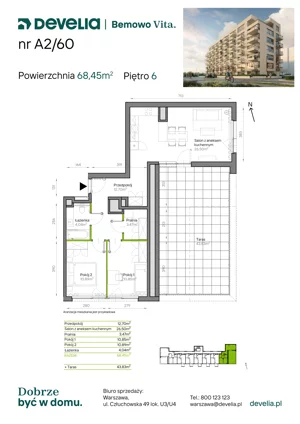 3 pokoje, mieszkanie 68,45 m², piętro 6, oferta nr A2/60, Bemowo Vita etap IV, Warszawa, Bemowo, Chrzanów, ul. Szeligowska 57	