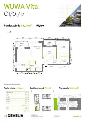 3 pokoje, mieszkanie 68,08 m², piętro 1, oferta nr C1/01/17, WUWA Vita III, Wrocław, Żerniki, Fabryczna, ul. Maya